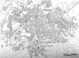 Mapa de localización de los diversos asentamientos prehispánicos en la actual ciudad de Morelia, Michoacán.