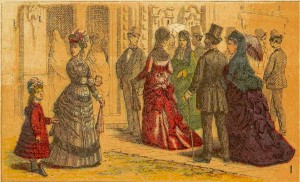 Placa I, imagen 1: Damas y caballeros dirigiéndose a la iglesia.