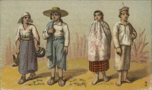 Placa VI, imagen 2: indios Zapotecas de Macuilxochitl, en traje de fiesta. Indios Mazatecos de San Bartolomé Ayutla, en Oaxaca.