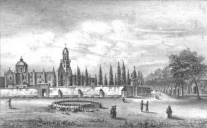 Litografía de Santuario de Guadalupe y Alameda de San Pedro de Morelia en 1842