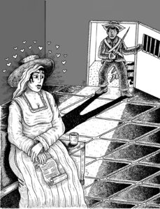 ...puso en fuga la guardia que allí se encontraba, y subiendo a caballo por la angosta y elevada escalera del edificio, logró dar con el cuarto que servía de prisión a la señora; la sacó de allí inmediatamente...