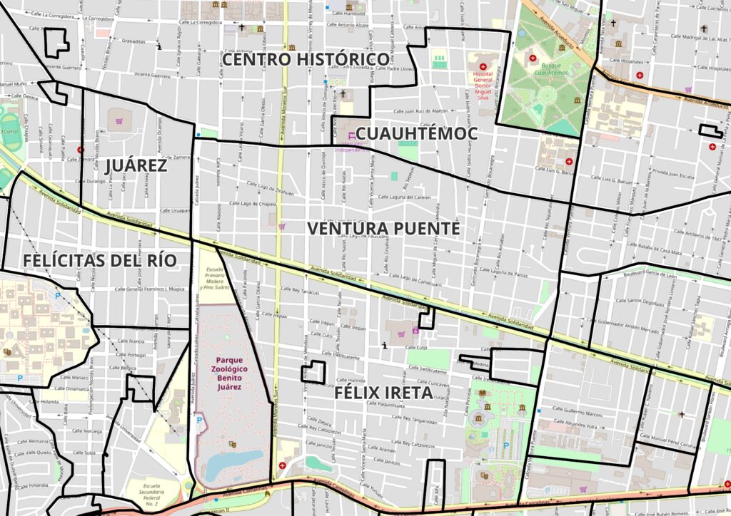 Ubicación de la Calzada y Colonia Ventura Puente en Morelia, Michoacán.